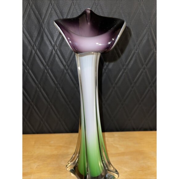 Mid Century Modern Art Glass Swung Vase Green White Purple Ombre Design - Picture 11 of 16
